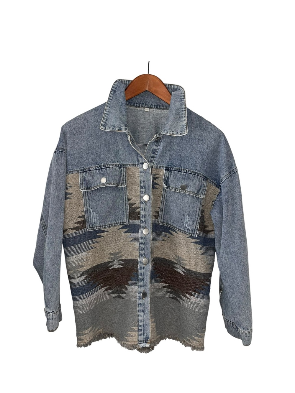 Distressed Denim Jacket with Southwestern Pattern - Blue, Tan, Brown